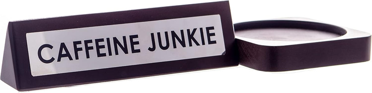 Wooden Desk Sign "Caffeine Junkie" Office Gift with Coffee Tea Mug Cup Holder