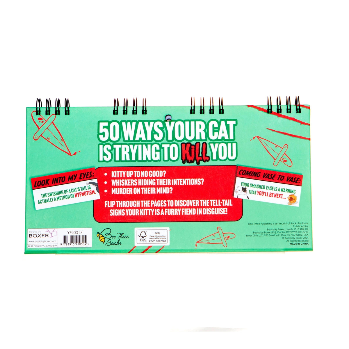 This cat-themed gift, "50 Ways Your CAT is Trying to KILL YOU! Funny Desk Spiral Flip Book Signs," is ideal for feline enthusiasts. It showcases humorous text and graphics that decode your cat’s antics in a playful format, offering a delightful exploration of your pet's mischievous side with each page turn.