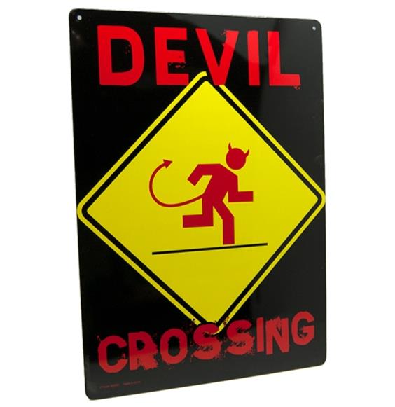 Introducing the Metal Tin Sign "Devil Crossing" - a unique piece displaying bold red text on a quirky yellow diamond background with a horned, tailed stick figure. Ideal for adding an edgy flair to your bedroom, office, or man cave decor.