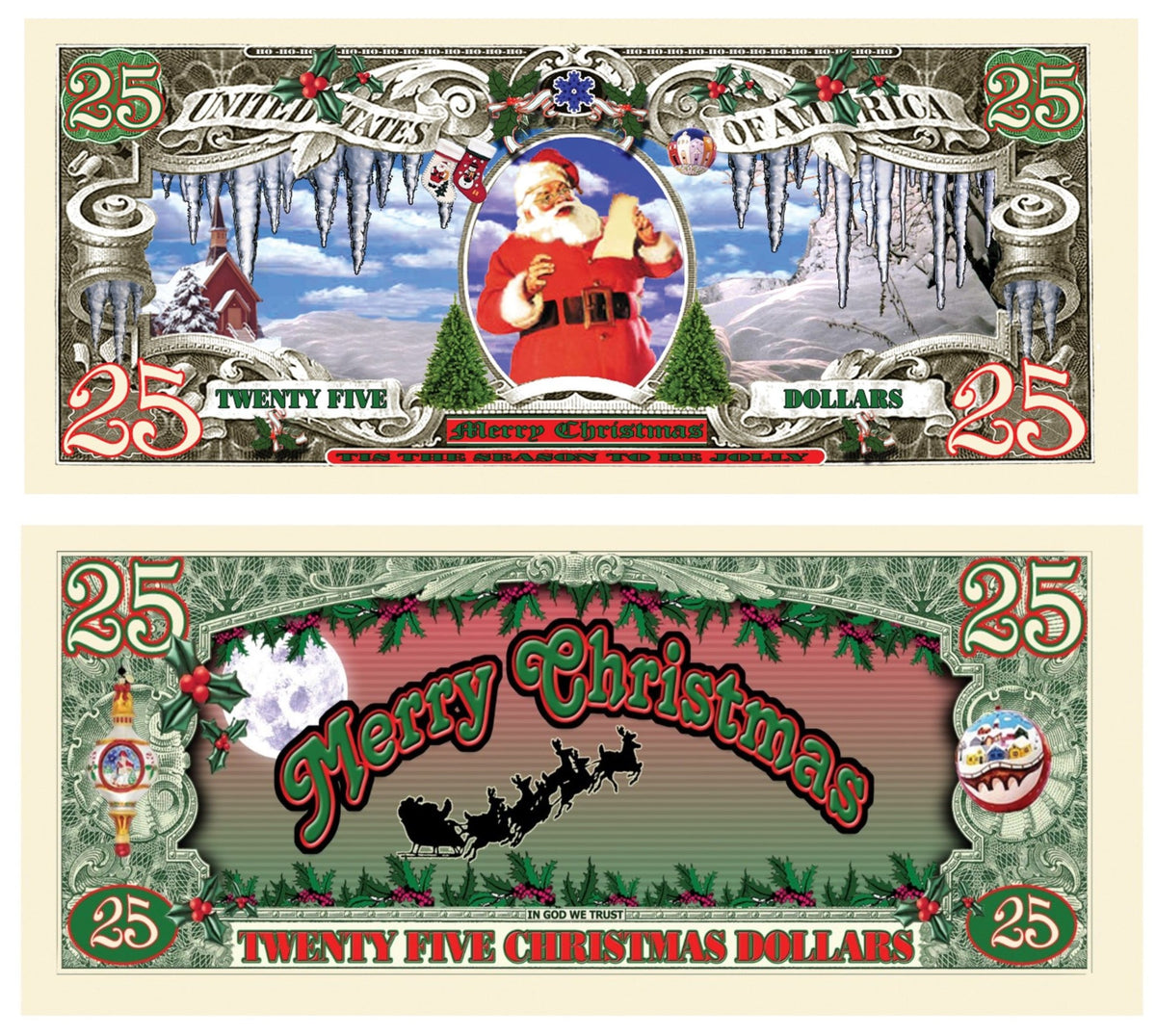 10 TOTAL - Santa Claus Merry Christmas $25 Dollar Novelty Play Money Gift Bills