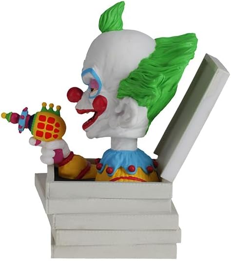 The Killer Klowns 🤡 Shorty in Pizza Box Bobblehead Statue Figure by Royal Bobbles features Shorty with green hair, holding a toy ray gun and emerging from a white pizza box—a must-have creepy clown collectible.