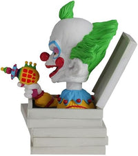 The Killer Klowns 🤡 Shorty in Pizza Box Bobblehead Statue Figure by Royal Bobbles features Shorty with green hair, holding a toy ray gun and emerging from a white pizza box—a must-have creepy clown collectible.