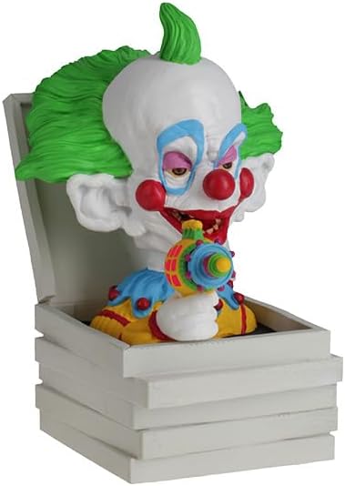 The Killer Klowns 🤡 Shorty in Pizza Box Bobblehead Statue Figure by Royal Bobbles features a green-haired clown with a toy ray gun emerging from a white pizza box, set against a plain background.