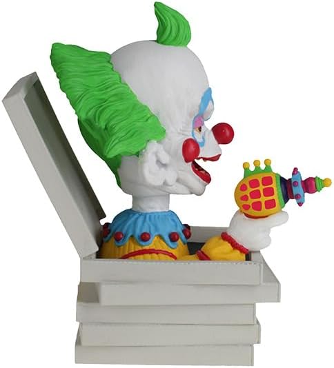 The Killer Klowns 🤡 Shorty in Pizza Box Bobblehead Statue Figure by Royal Bobbles features Shorty popping out of a white pizza box, inspired by Killer Klowns from Outer Space.