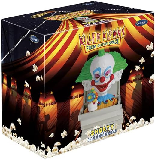 The Killer Klowns 🤡 Shorty in Pizza Box Bobblehead Statue Figure by Royal Bobbles comes packaged in a pizza box with themed graphics—a must-have collectible for any Killer Klowns fan.