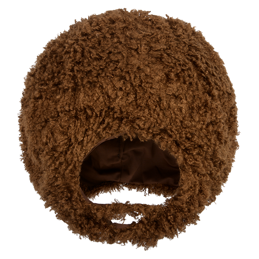 A round, brown, fuzzy pet bed with a front opening—perfect for pets to curl up in—looks just like the Bob Ross Wig & Beard Set 🎨🤣 Afro costume hair for a cozy and whimsical touch.