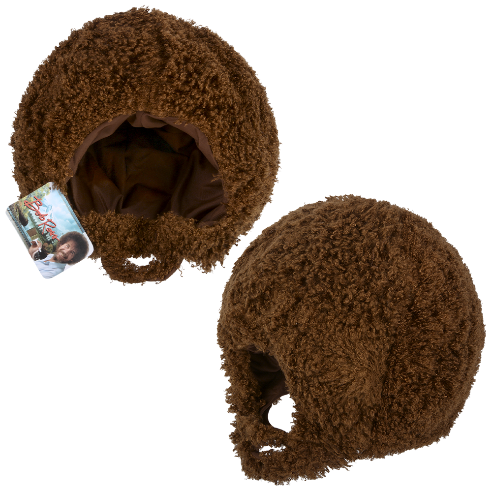 Bob Ross Wig & Beard Set 🎨🤣 shown from two angles—funny brown curly Afro costume hair for Halloween, Bob Ross, or gag gift; one view displays the opening and tag, the other highlights the back, side, and ear hole.