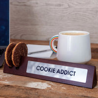 Wooden Desk Sign "Cookie Addict" Office Gift with 2 Cookie Holder Slots - FUNNY!