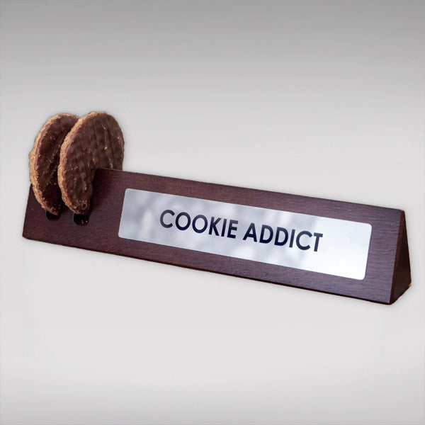 Wooden Desk Sign "Cookie Addict" Office Gift with 2 Cookie Holder Slots - FUNNY!