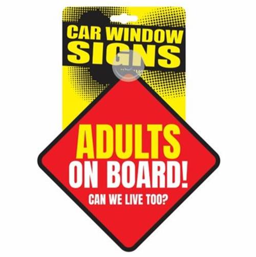 ADULTS ON BOARD - Funny Plastic Car Window Suction Cup Decal Sign - Made in USA