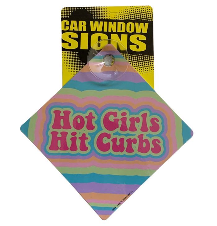 "Hot Girls Hit Curbs" Plastic Car Window Suction Cup Decal Sign - Made in USA