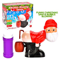 Enhance your Christmas celebration with the Bubble Blowing Santa - Fart Bubble Machine! This set includes a bubble-blowing Santa, a red barrel, and a purple bubble solution container, complete with flashing lights and musical features. The text reads "Funny Christmas Santa Bubble Blowing." It's the perfect addition for festive fun!