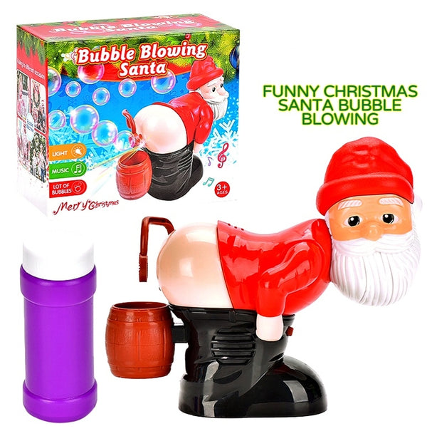 Enhance your Christmas celebration with the Bubble Blowing Santa - Fart Bubble Machine! This set includes a bubble-blowing Santa, a red barrel, and a purple bubble solution container, complete with flashing lights and musical features. The text reads "Funny Christmas Santa Bubble Blowing." It's the perfect addition for festive fun!