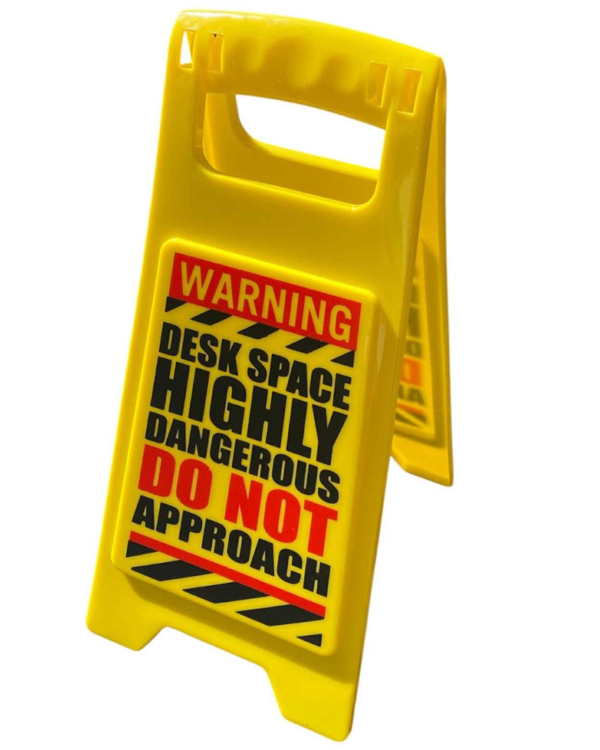 The ⚠️ Funny Warning HIGHLY DANGEROUS Desk Sign reads "WARNING: DESK SPACE HIGHLY DANGEROUS DO NOT APPROACH" in bold black and red—an ideal office humor gag or funny gift for coworkers needing a do not disturb sign.