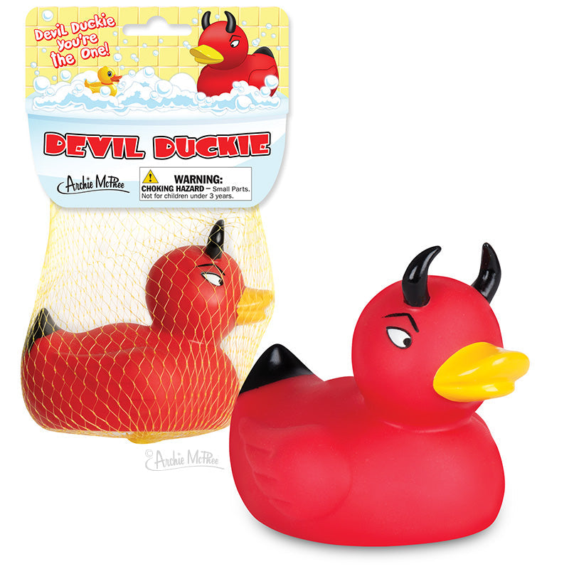 The 😈 Devil Duckie Rubber Bath Toy is a red floating demon duck with black horns and tail, yellow beak, and angry face, packaged in a yellow mesh bag labeled "Devil Duckie"—makes a perfect gag gift.