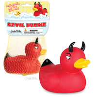 The 😈 Devil Duckie Rubber Bath Toy is a red floating demon duck with black horns and tail, yellow beak, and angry face, packaged in a yellow mesh bag labeled "Devil Duckie"—makes a perfect gag gift.