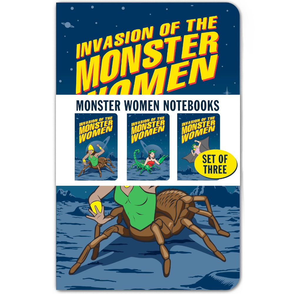 The "Invasion of the Monster Women" notebook cover, showcasing a humanoid spider figure, is perfect for fans of female monsters. This set of three "Monster Women Notebook Journals" by Archie McPhee is an ideal gift for those who appreciate unique and eerie designs, celebrating GIRL POWER!