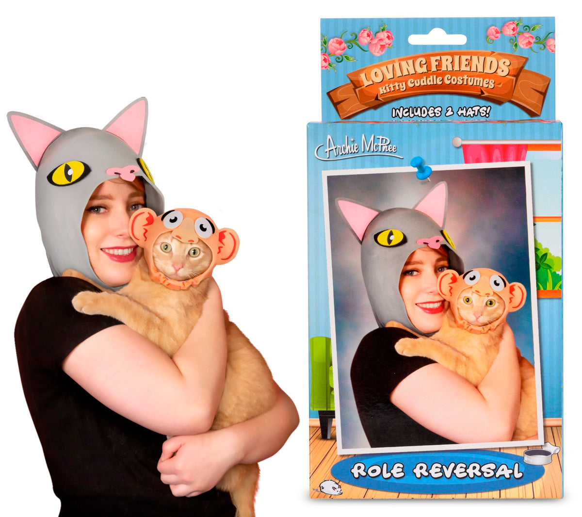 A person dressed in a cat costume holds a feline wearing a monkey mask. Packaging labeled "Kitty Cat Costume Kit (Owner & Pet Role Reversal) Funny GaG - Archie McPhee" is displayed beside, showcasing the ultimate couple's costume for pet lovers.