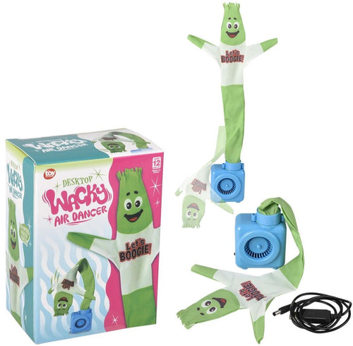 Wacky Waving Inflatable Tube Man Desktop Toy – Mini Air Dancer with green figure, blue USB-powered base. Box text: "Desktop Wacky Air Dancer, Let's Boogie!"—a funny office gift for any workspace.