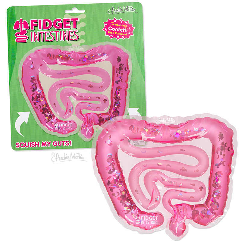 The Fidget Intestines 🤏 is a hilarious, pink, intestine-shaped gag toy filled with food confetti 💦—shown in and out of packaging labeled "Fidget Intestines" and "Squish My Guts!"—perfect for stress relief.