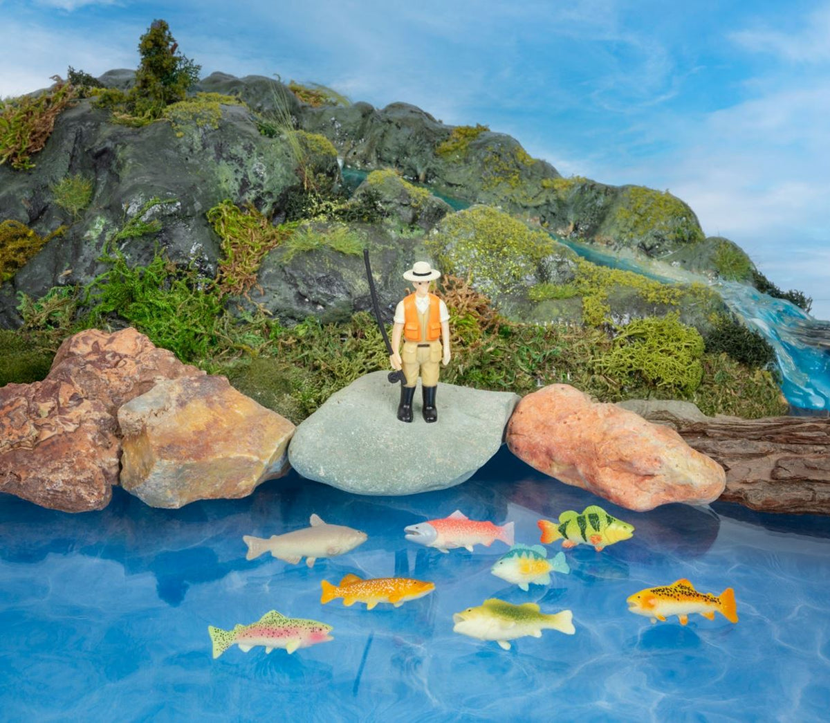 Fishing Toy Figures Fisherman & 8 Fish Soft Vinyl Miniature Playset Novelty Gift