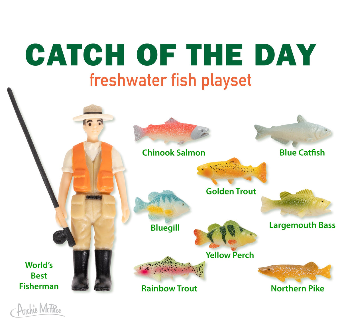 Fishing Toy Figures Fisherman & 8 Fish Soft Vinyl Miniature Playset Novelty Gift