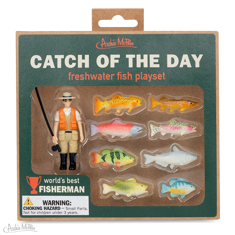 Fishing Toy Figures Fisherman & 8 Fish Soft Vinyl Miniature Playset Novelty Gift