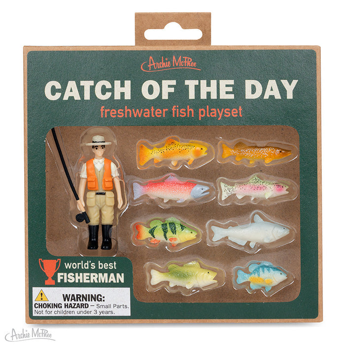 Fishing Toy Figures Fisherman & 8 Fish Soft Vinyl Miniature Playset Novelty Gift
