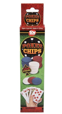 A narrow rectangular box with "2500 Plastic Poker Chip set - Red White Blue- bulk lot" written on it, displaying red, blue, and white plastic poker chips and a hand of playing cards. The box indicates it contains 2500 economical chips and is perfect for ages 3 and up, ideal for a fun poker night.