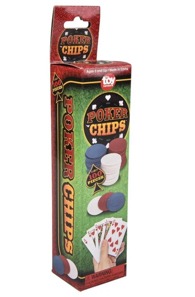 Displayed is a bulk lot of 2500 economical plastic poker chips in red, white, and blue. The packaging features an image of playing cards and indicates that the set is suitable for ages 6 and up—perfect for your next poker night.