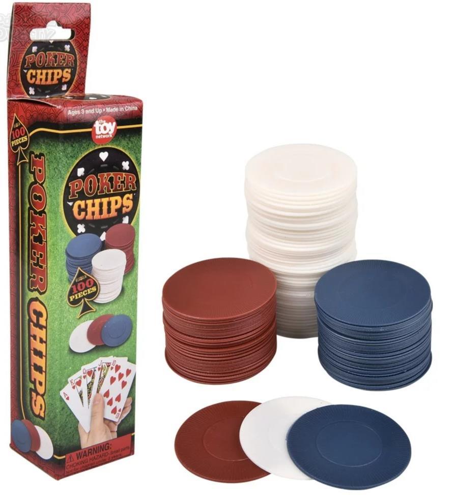 A box labeled "2500 Plastic Poker Chip Set - Red White Blue - Bulk Lot" with stacks of economical red, blue, and white plastic poker chips beside it. The box features an image of a hand holding cards next to poker chips, making it perfect for your next poker night.