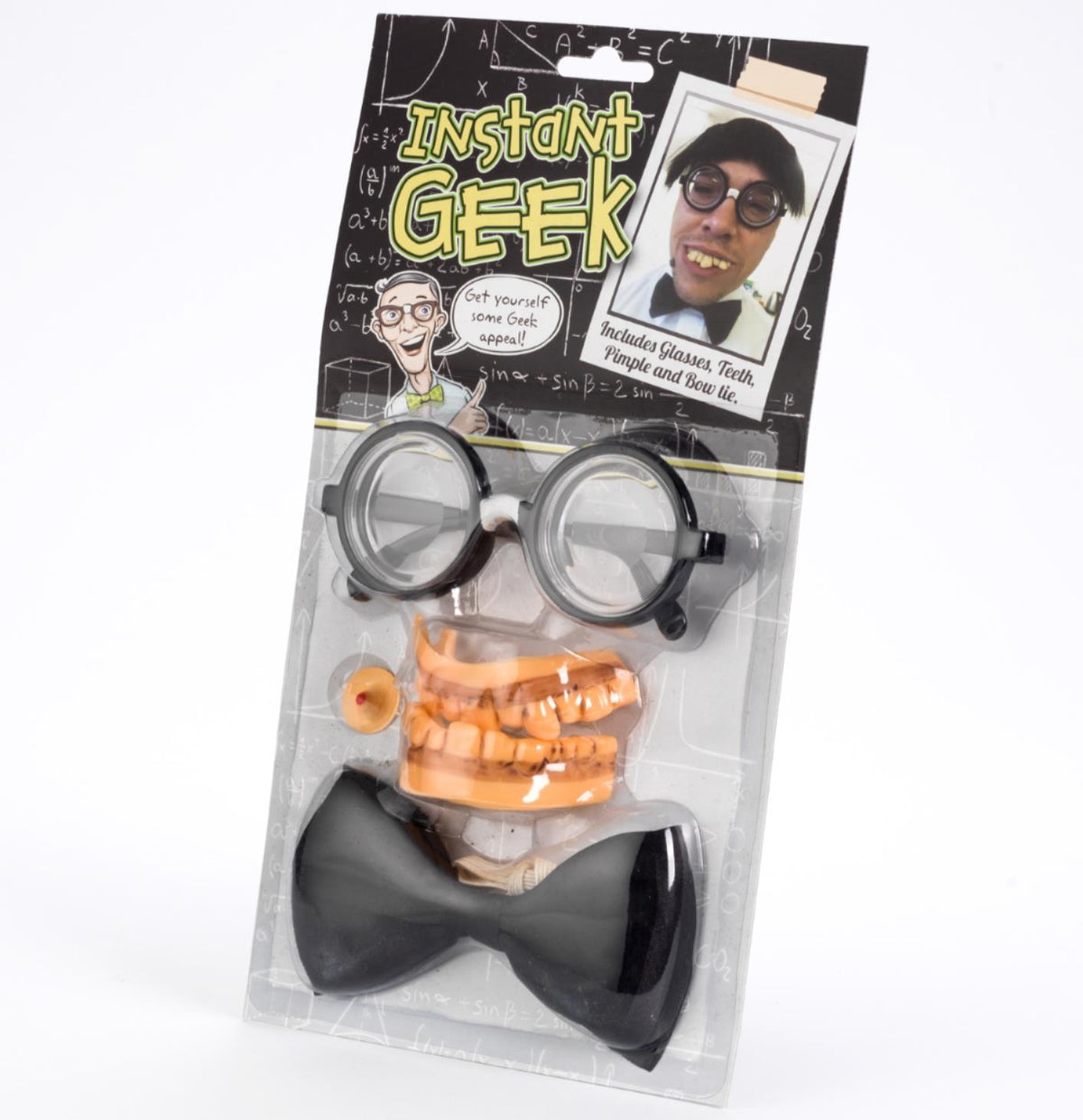 The Instant Geek Costume Kit 🤓 includes glasses, oversized teeth, bow tie, and a pimple. This nerd dress-up set is a hilarious gag gift, featuring playful packaging with funny photos and cartoon graphics.