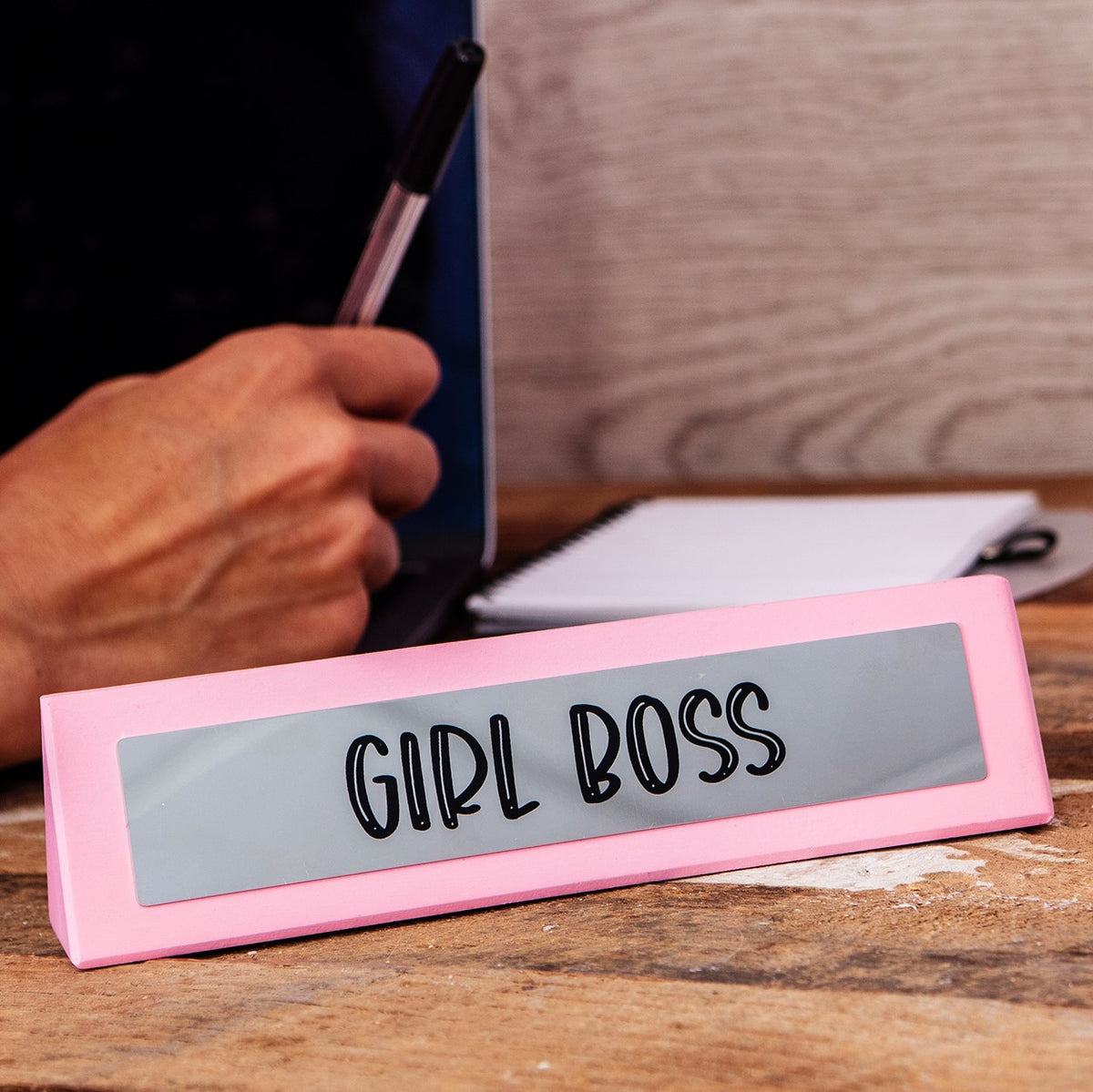 GIRL BOSS Pink Wooden Desk Sign - Funny Office Work Home Gag Gift