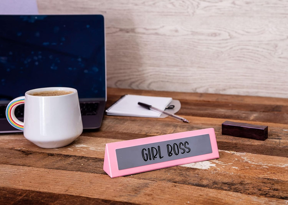 GIRL BOSS Pink Wooden Desk Sign - Funny Office Work Home Gag Gift