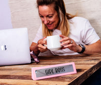 GIRL BOSS Pink Wooden Desk Sign - Funny Office Work Home Gag Gift