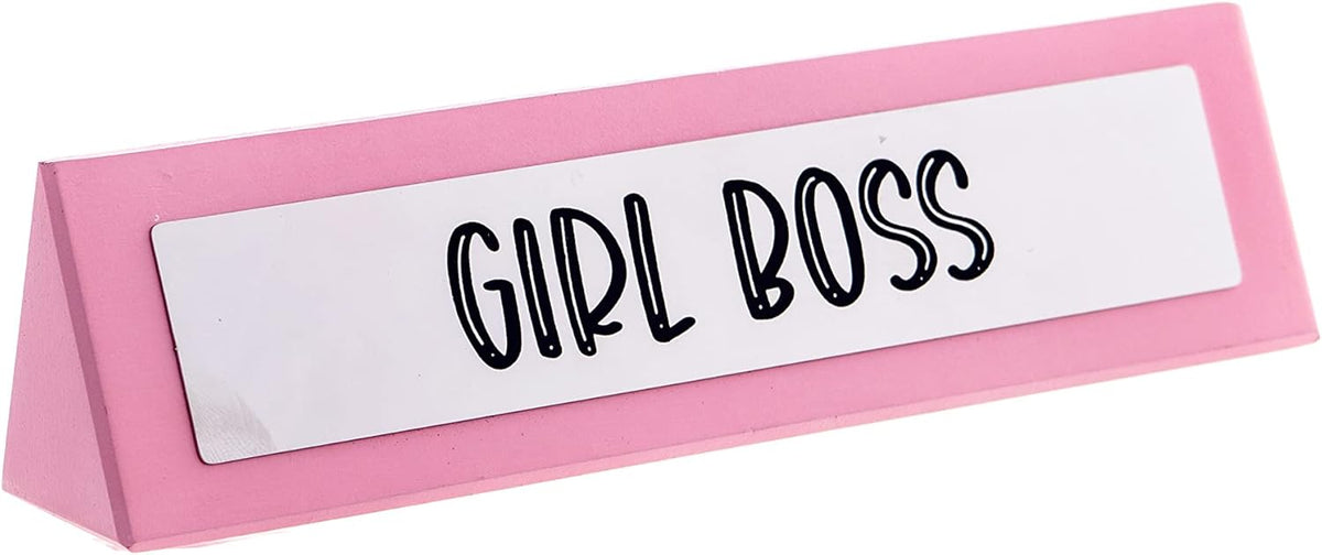 GIRL BOSS Pink Wooden Desk Sign - Funny Office Work Home Gag Gift