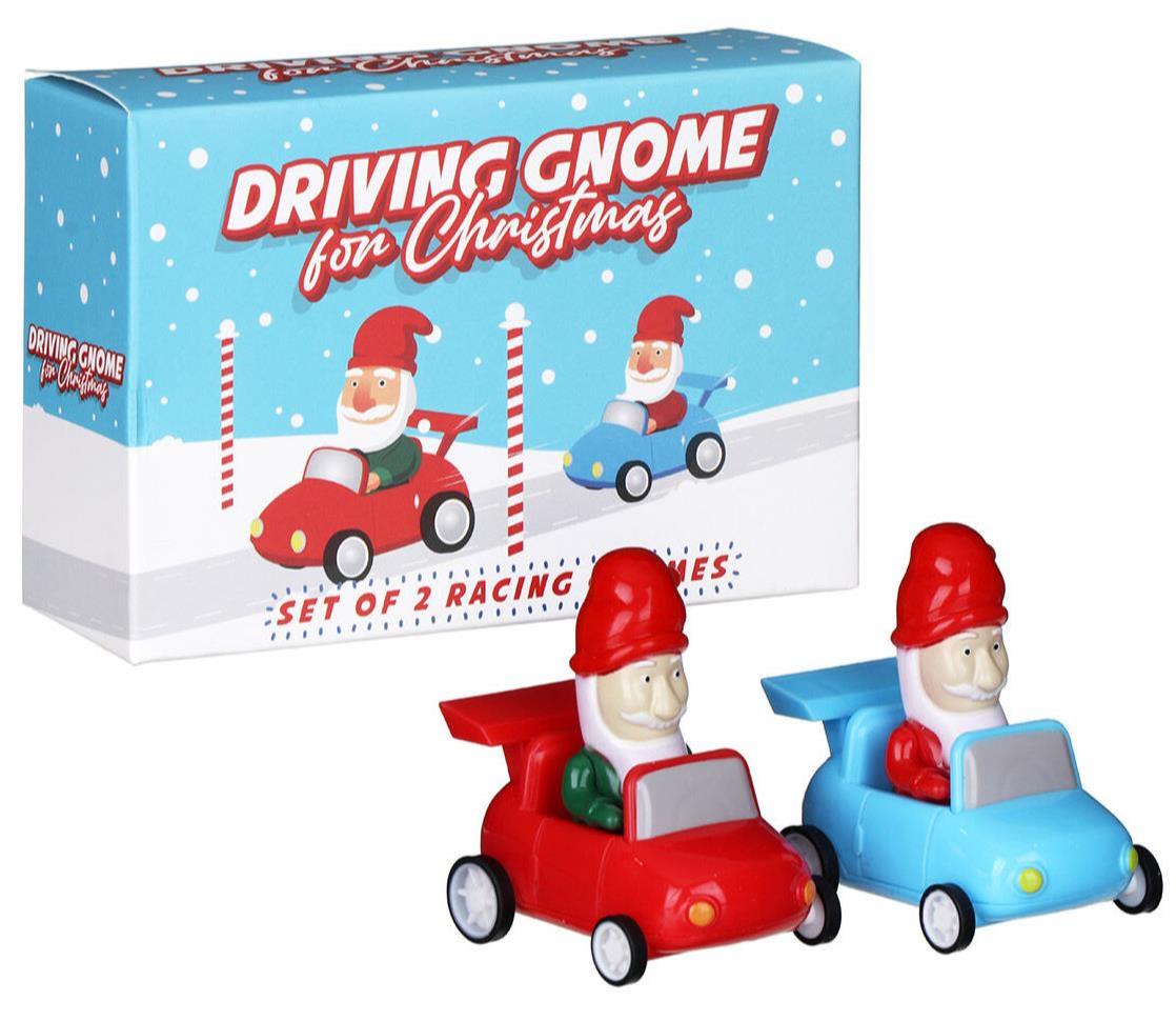 Set of 2 Driving Gnome for Christmas - Santa Racing Car Toys - Battery Free!!