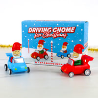 Set of 2 Driving Gnome for Christmas - Santa Racing Car Toys - Battery Free!!