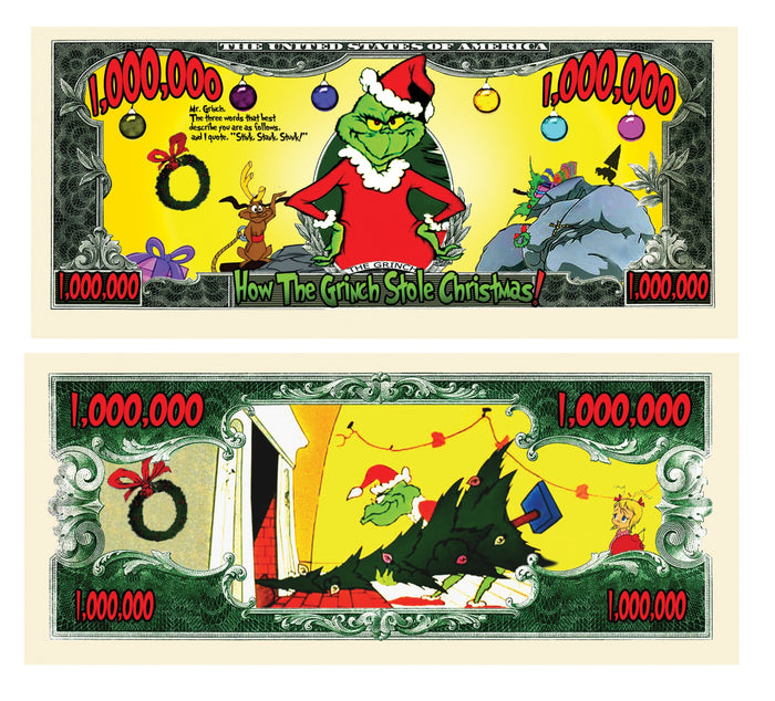 A delightful novelty item, "10 TOTAL - The Grinch Million Dollar Christmas Play Holiday Bills," features whimsical designs inspired by "How the Grinch Stole Christmas." These playful bills, complete with festive illustrations of the Grinch, make perfect party favor gifts to spread holiday cheer.