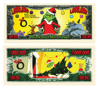 Introducing the 1000 TOTAL - The Grinch Million Dollar Christmas Bills, featuring the Grinch in festive attire amidst lively decorations. These novelty bills perfectly capture scenes from "How the Grinch Stole Christmas," adding a playful touch to any celebration. Ideal as party favor gifts, they are perfect for including in holiday cards.