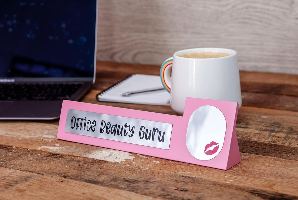 Wooden Desk Sign "Office Beauty Guru" Pink Office Gag Girl Boss Mirror Gift