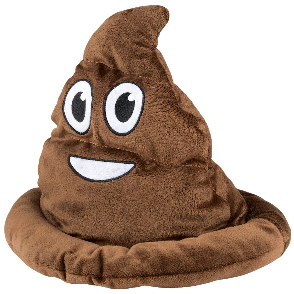 The 💩 Poop Emoji Hat is a funny gag gift and hilarious party costume accessory shaped like the smiling poop emoji, perfect for adding fun to any event.