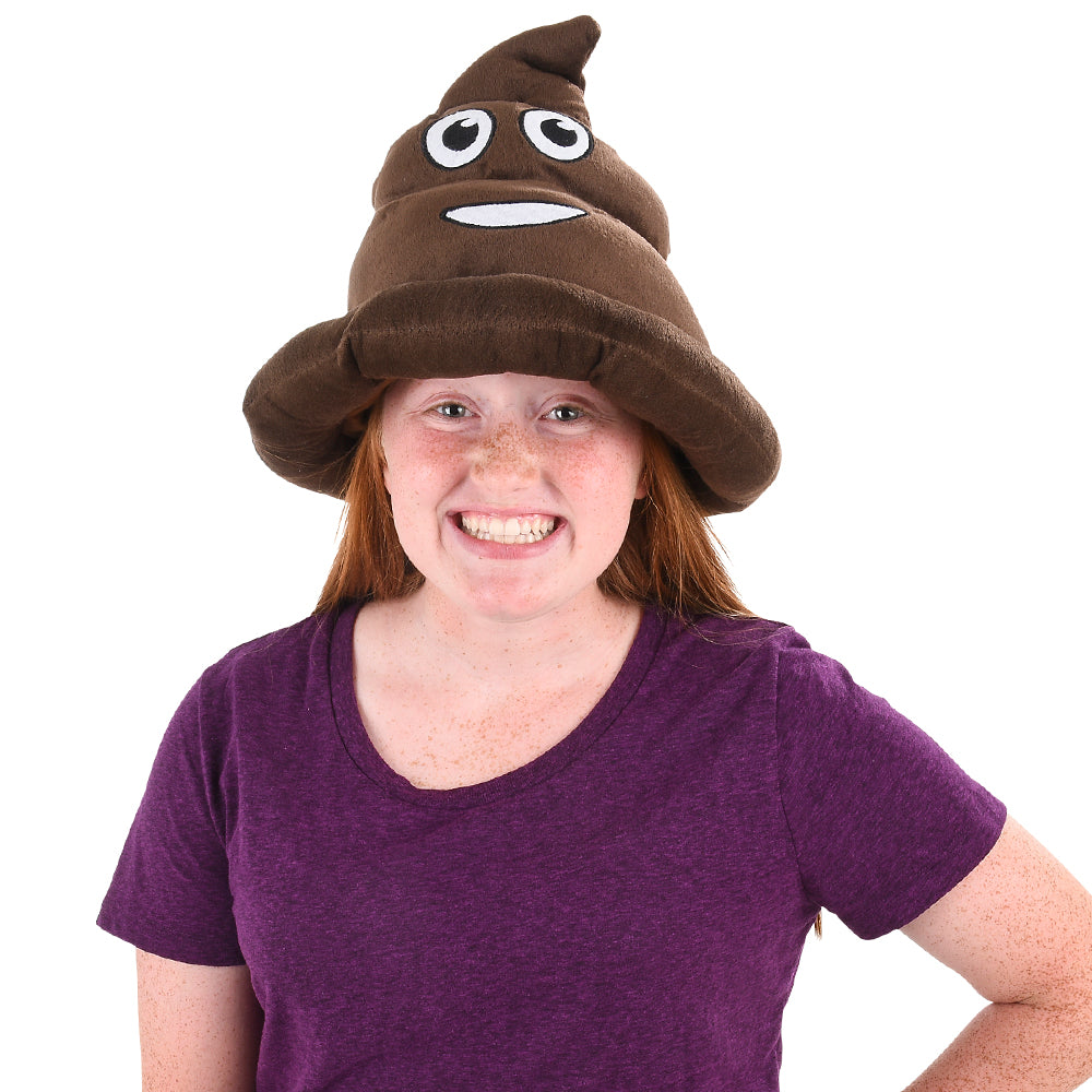 Smiling for the camera in a purple shirt, this person rocks the 💩 Poop Emoji Hat—Fun Gag Gift & Hilarious Party Costume Accessory—against a white background, perfect for parties or showing off their silly side.