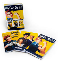 The 3PK Rosie the Riveter Notebook Journals by Archie McPhee celebrate female empowerment, featuring iconic World War II artwork and slogans such as "We Can Do It!" and "Do the job HE left behind," with depictions of a strong woman wearing a bandana.