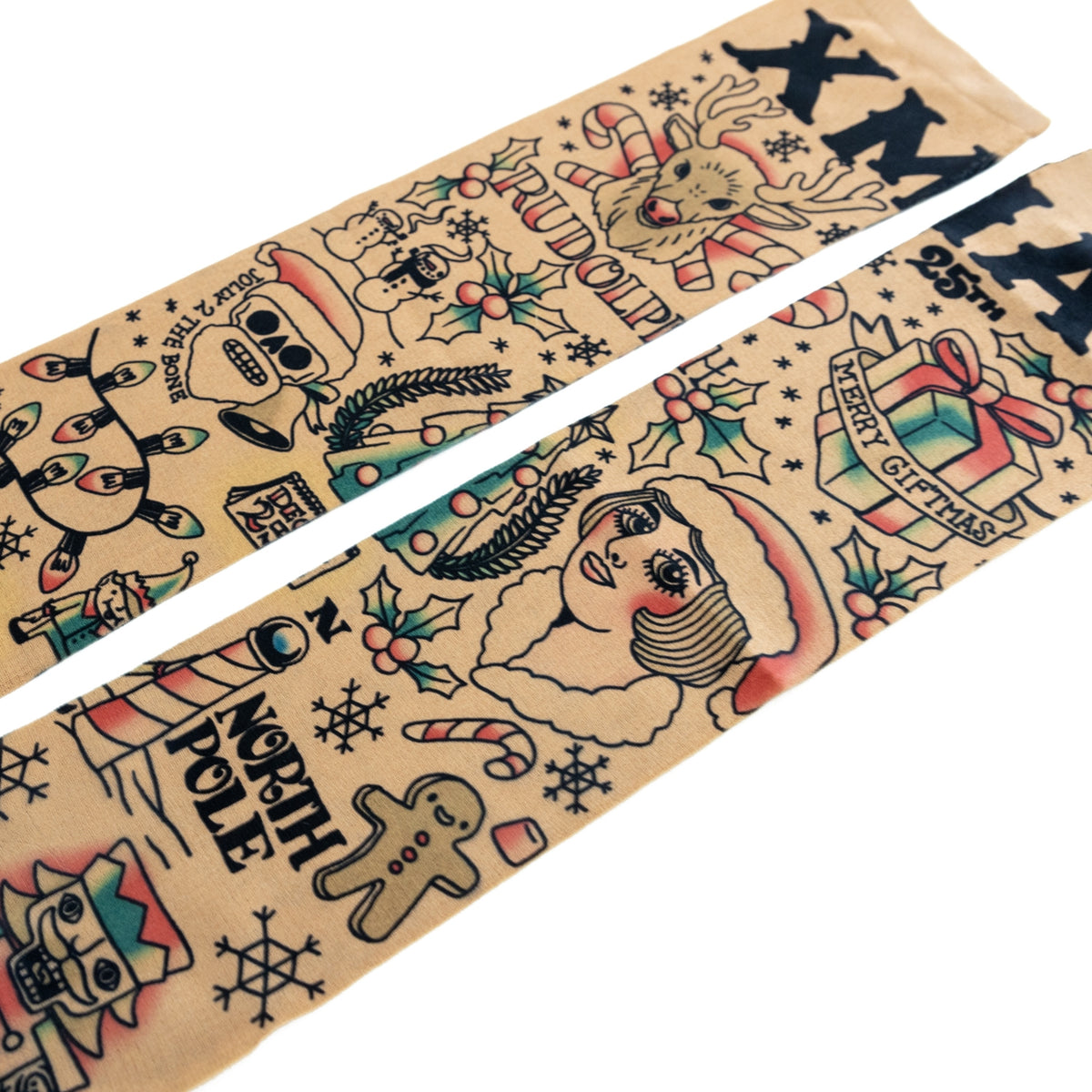 The 🎄 Christmas Holiday Tattoo Sleeves 2pk features funny fake arm tattoos with Santa, reindeer, candy canes, and festive text—perfect as a quirky costume accessory or fun holiday party wear.