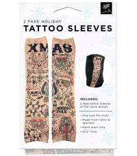 🎄 Christmas Holiday Tattoo Sleeves 2pk – Funny Fake Arm Tattoos Costume Party: Includes two sleeves with festive holiday designs, ideal as a costume accessory. One sleeve is shown on an arm; packaging features clear product details.