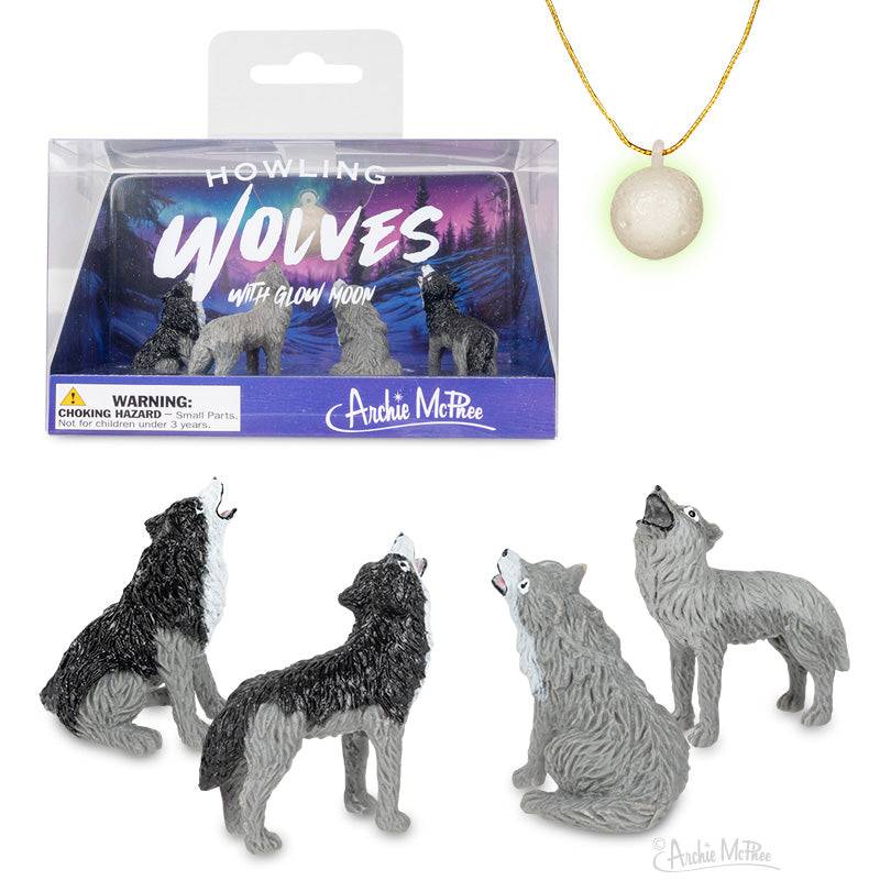 4 Mini Howling Wolves Figurine Playset + Glow-in-the-Dark Moon 🐺 Archie McPhee