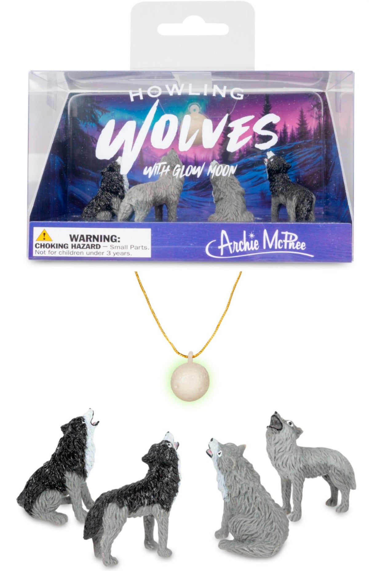4 Mini Howling Wolves Figurine Playset + Glow-in-the-Dark Moon 🐺 Archie McPhee