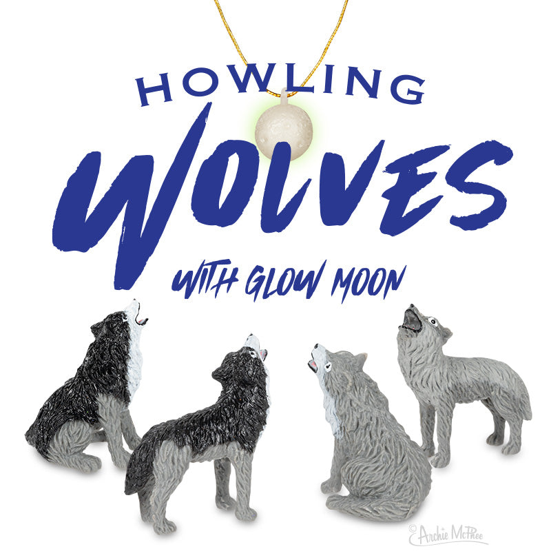 4 Mini Howling Wolves Figurine Playset + Glow-in-the-Dark Moon 🐺 Archie McPhee