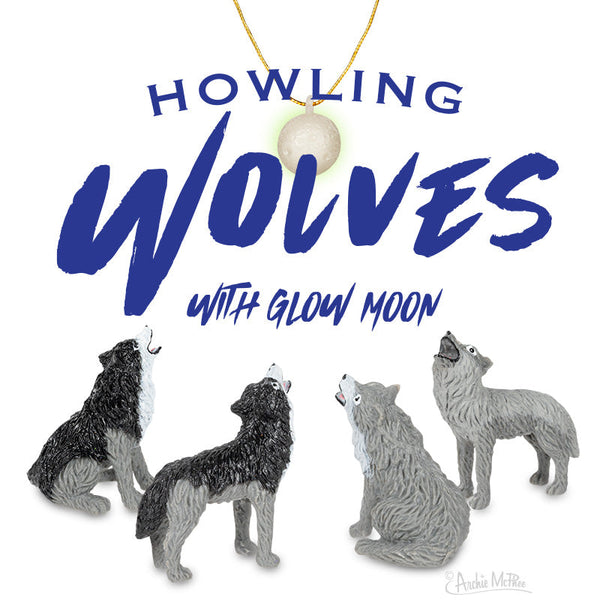 4 Mini Howling Wolves Figurine Playset + Glow-in-the-Dark Moon 🐺 Archie McPhee